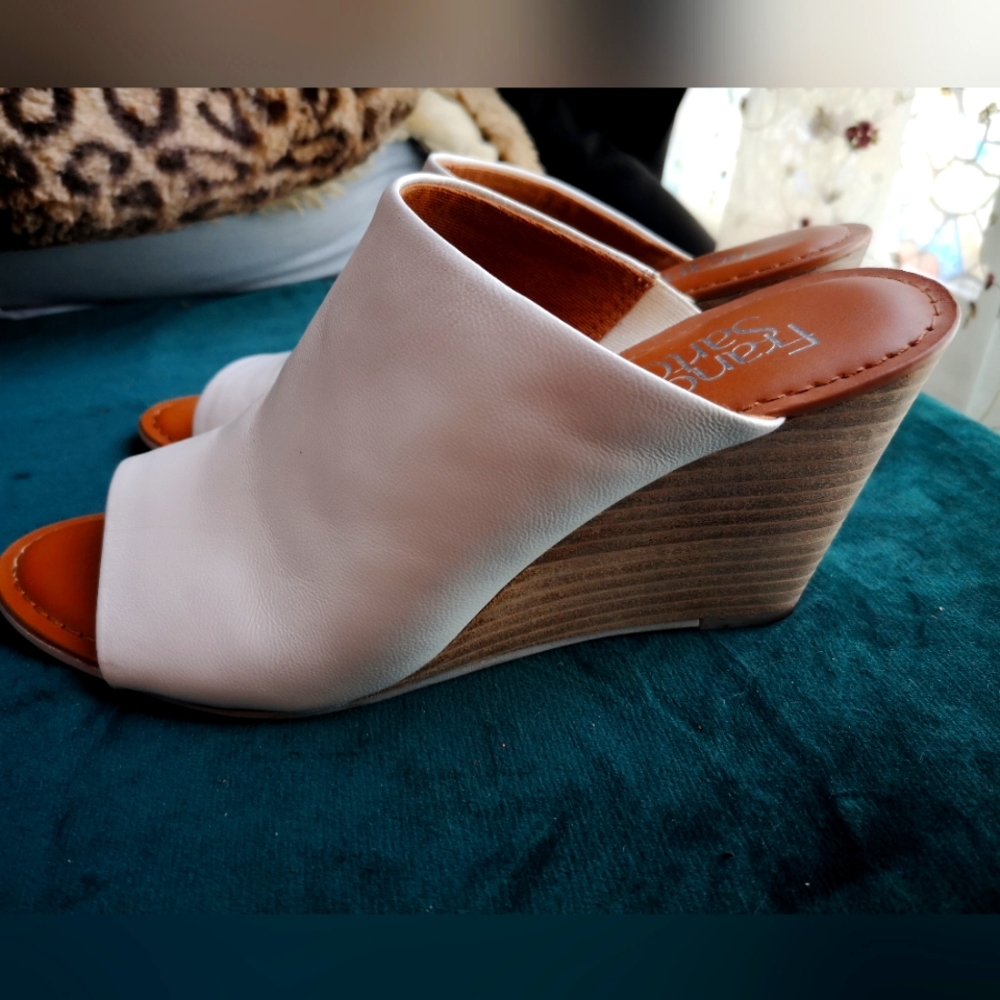 White leather 3" wedge mule size 7.5